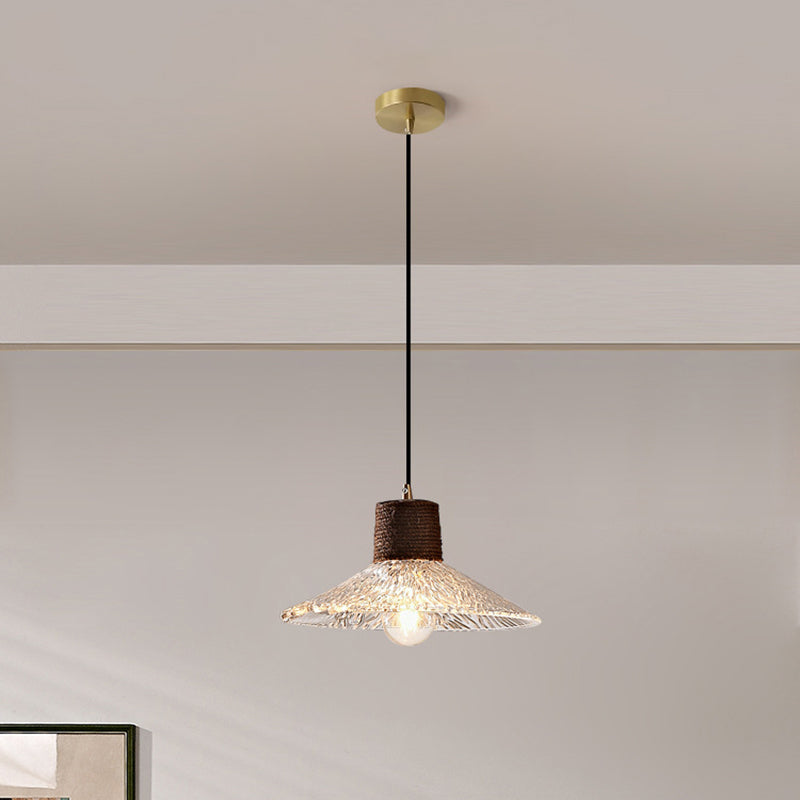 Moderne Mid-Century Messing Holz und Glas Kegel Pendelleuchte für Wohnzimmer 