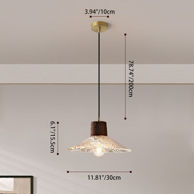 Moderne Mid-Century Messing Holz und Glas Kegel Pendelleuchte für Wohnzimmer 