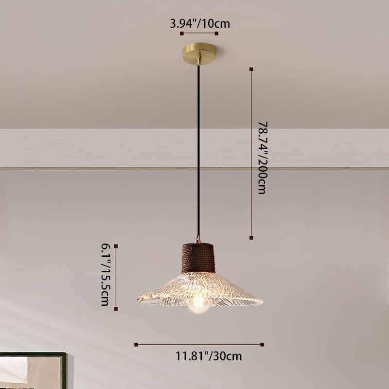 Moderne Mid-Century Messing Holz und Glas Kegel Pendelleuchte für Wohnzimmer 