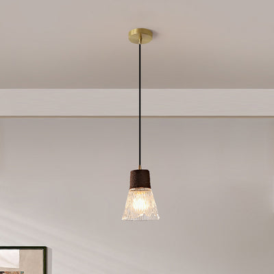 Moderne Mid-Century Messing Holz und Glas Kegel Pendelleuchte für Wohnzimmer 