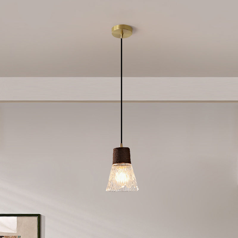 Moderne Mid-Century Messing Holz und Glas Kegel Pendelleuchte für Wohnzimmer 