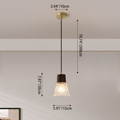 Moderne Mid-Century Messing Holz und Glas Kegel Pendelleuchte für Wohnzimmer 