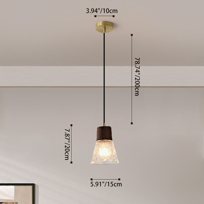 Moderne Mid-Century Messing Holz und Glas Kegel Pendelleuchte für Wohnzimmer 
