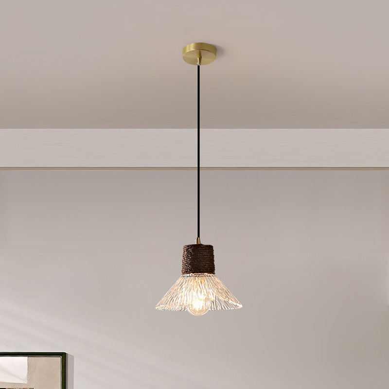 Moderne Mid-Century Messing Holz und Glas Kegel Pendelleuchte für Wohnzimmer 