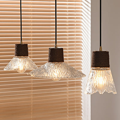 Moderne Mid-Century Messing Holz und Glas Kegel Pendelleuchte für Wohnzimmer 