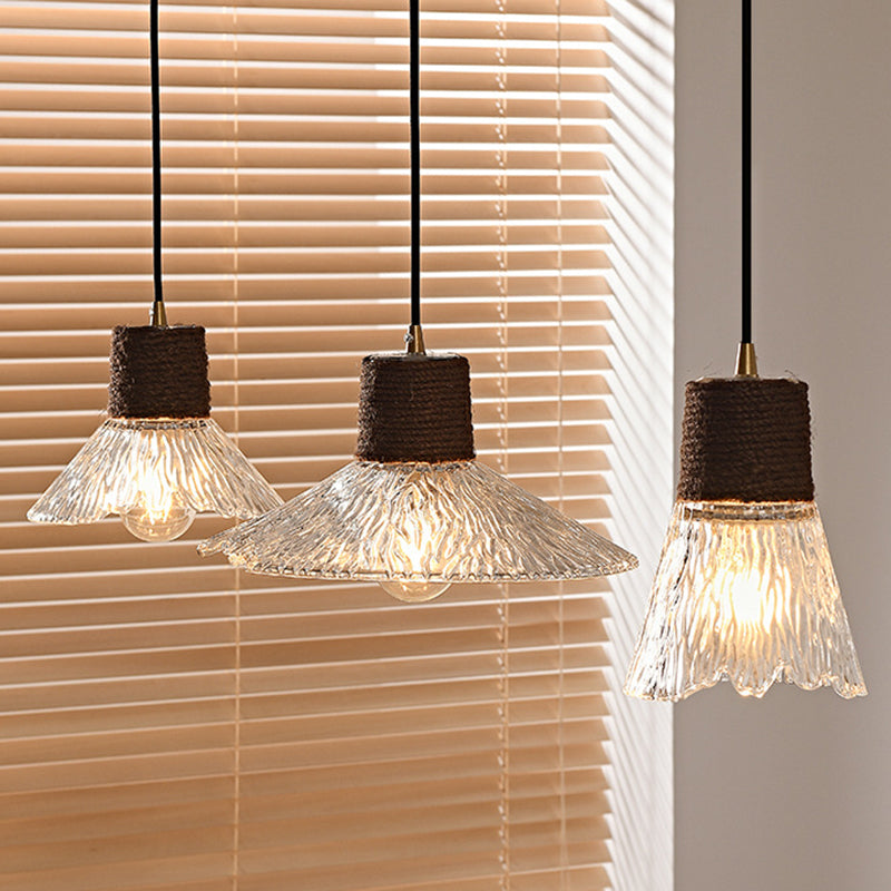 Moderne Mid-Century Messing Holz und Glas Kegel Pendelleuchte für Wohnzimmer 