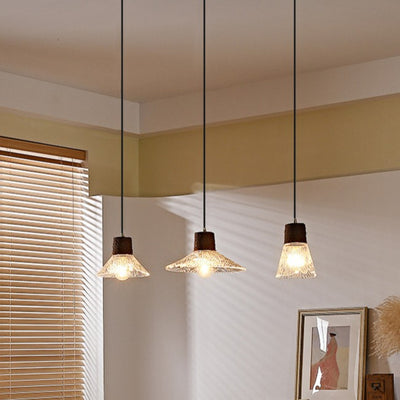 Moderne Mid-Century Messing Holz und Glas Kegel Pendelleuchte für Wohnzimmer 