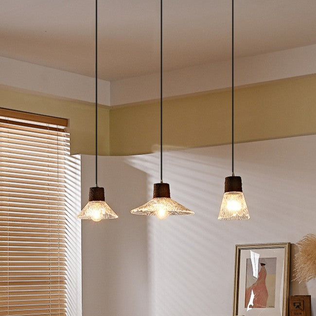 Moderne Mid-Century Messing Holz und Glas Kegel Pendelleuchte für Wohnzimmer 