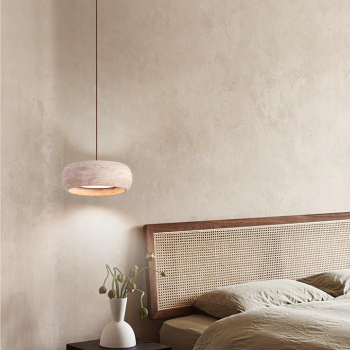 Zeitgenössische nordische Travertin- und Walnuss-Ovale LED Pendelleuchte für das Schlafzimmer 