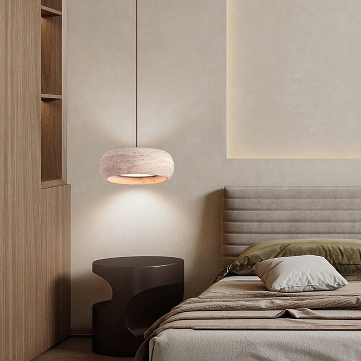 Zeitgenössische nordische Travertin- und Walnuss-Ovale LED Pendelleuchte für das Schlafzimmer 