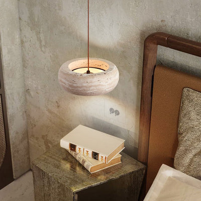 Lustre LED ovale en travertin nordique contemporain et noyer pour chambre 