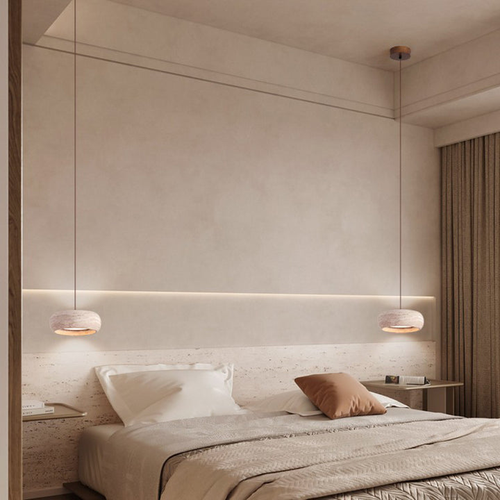 Zeitgenössische nordische Travertin- und Walnuss-Ovale LED Pendelleuchte für das Schlafzimmer 