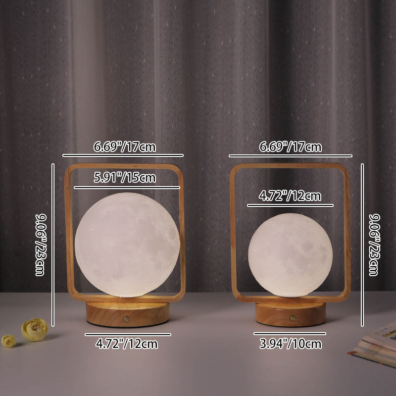 Moderne minimalistische Tischlampe aus Gummibaumholz und Eisen mit PVC-rechteckigem Rahmen und 3D-gedrucktem Mond-LED für das Schlafzimmer 
