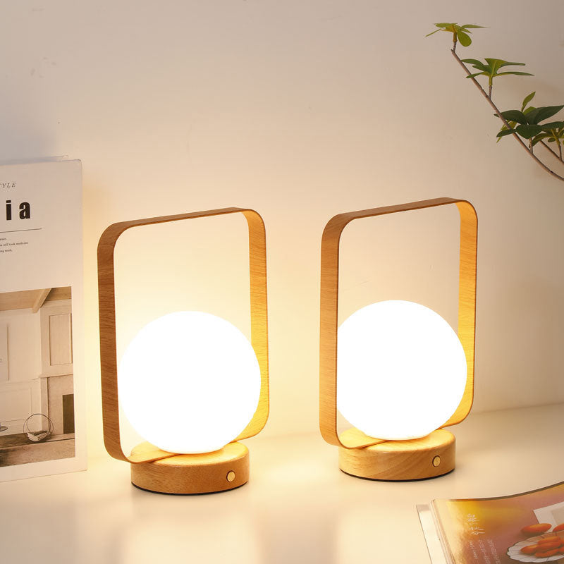 Moderne minimalistische Tischlampe aus Gummibaumholz und Eisen mit PVC-rechteckigem Rahmen und 3D-gedrucktem Mond-LED für das Schlafzimmer 