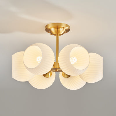 Moderne minimalistische Deckenleuchte mit ganz aus Kupfer bestehendem gestreiftem Glaskugel-Schirm, 4/6-Licht, für das Wohnzimmer 