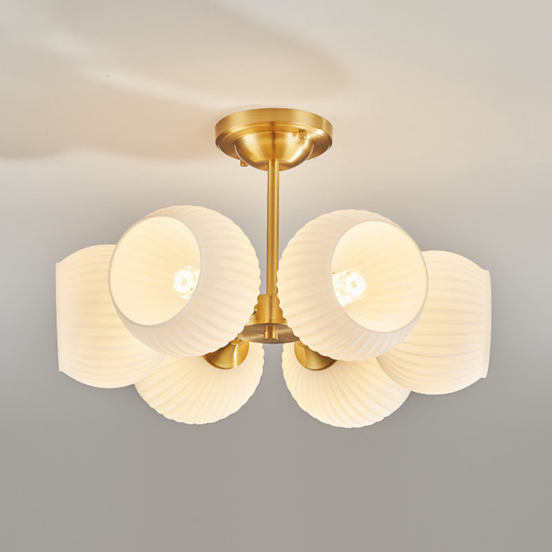 Moderne minimalistische Deckenleuchte mit ganz aus Kupfer bestehendem gestreiftem Glaskugel-Schirm, 4/6-Licht, für das Wohnzimmer 