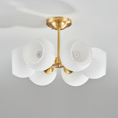 Moderne minimalistische Deckenleuchte mit ganz aus Kupfer bestehendem gestreiftem Glaskugel-Schirm, 4/6-Licht, für das Wohnzimmer 