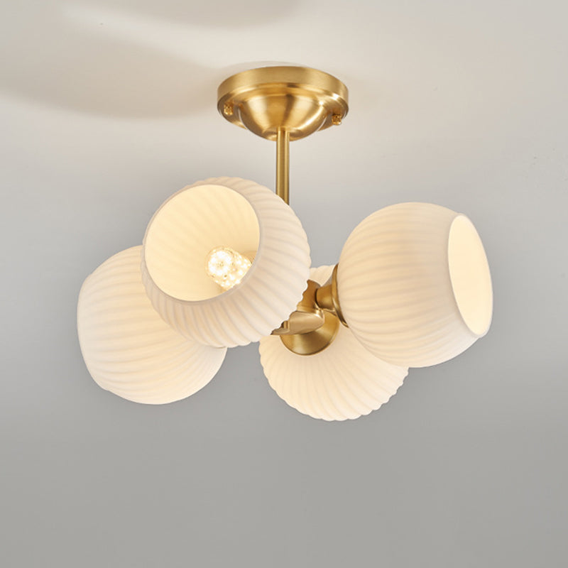 Moderne minimalistische Deckenleuchte mit ganz aus Kupfer bestehendem gestreiftem Glaskugel-Schirm, 4/6-Licht, für das Wohnzimmer 