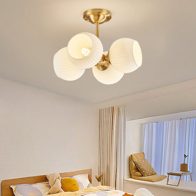 Moderne minimalistische Deckenleuchte mit ganz aus Kupfer bestehendem gestreiftem Glaskugel-Schirm, 4/6-Licht, für das Wohnzimmer 