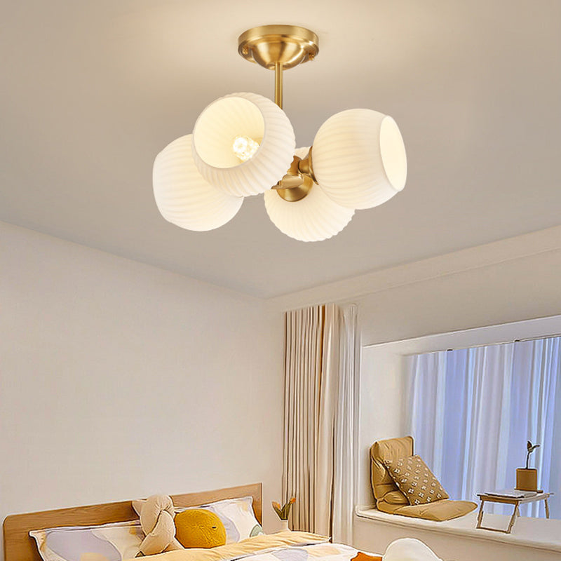 Moderne minimalistische Deckenleuchte mit ganz aus Kupfer bestehendem gestreiftem Glaskugel-Schirm, 4/6-Licht, für das Wohnzimmer 
