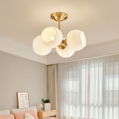 Moderne minimalistische Deckenleuchte mit ganz aus Kupfer bestehendem gestreiftem Glaskugel-Schirm, 4/6-Licht, für das Wohnzimmer 