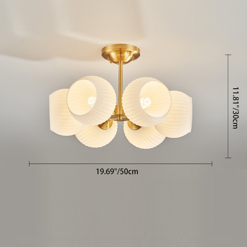 Moderne minimalistische Deckenleuchte mit ganz aus Kupfer bestehendem gestreiftem Glaskugel-Schirm, 4/6-Licht, für das Wohnzimmer 