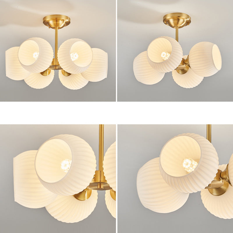 Moderne minimalistische Deckenleuchte mit ganz aus Kupfer bestehendem gestreiftem Glaskugel-Schirm, 4/6-Licht, für das Wohnzimmer 
