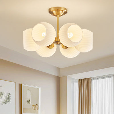 Moderne minimalistische Deckenleuchte mit ganz aus Kupfer bestehendem gestreiftem Glaskugel-Schirm, 4/6-Licht, für das Wohnzimmer 