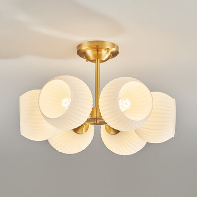 Moderne minimalistische Deckenleuchte mit ganz aus Kupfer bestehendem gestreiftem Glaskugel-Schirm, 4/6-Licht, für das Wohnzimmer 