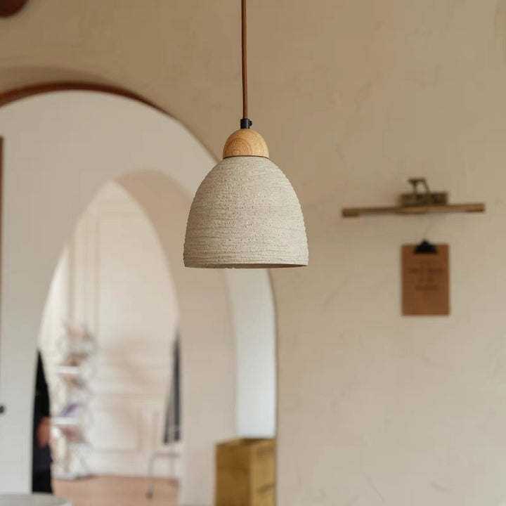 Modern Mid-Century Wood & Cement Round Dome 1-Light Pendant Light For Living Room