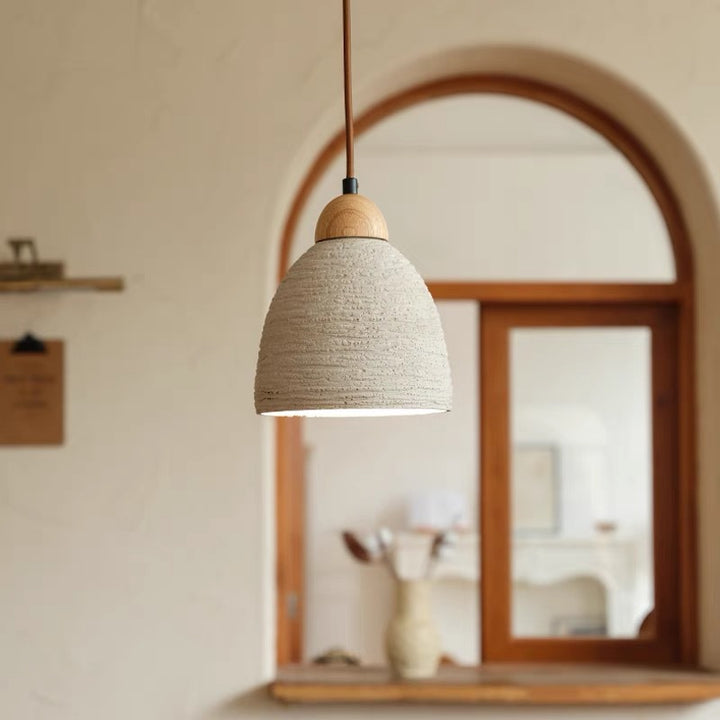 Modern Mid-Century Wood & Cement Round Dome 1-Light Pendant Light For Living Room