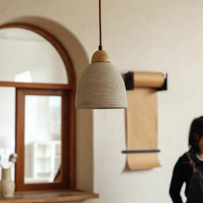 Moderne Mid-Century Holz & Zement Runde Kuppel 1-Licht Pendelleuchte Für Wohnzimmer 