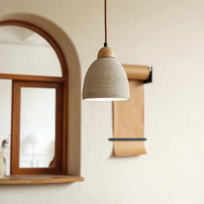 Moderne Mid-Century Holz & Zement Runde Kuppel 1-Licht Pendelleuchte Für Wohnzimmer 