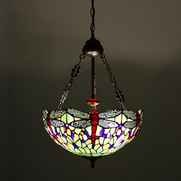 Traditioneller Tiffany-Legierung & Buntglas-Libellenkuppel 3-Licht-Kronleuchter für Wohnzimmer 