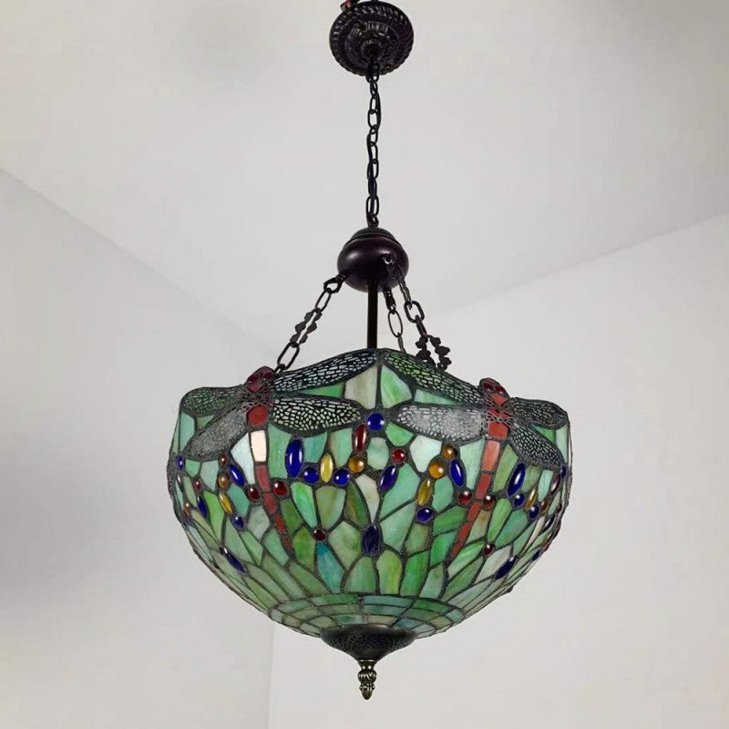 Traditioneller Tiffany-Legierung & Buntglas-Libellenkuppel 3-Licht-Kronleuchter für Wohnzimmer 