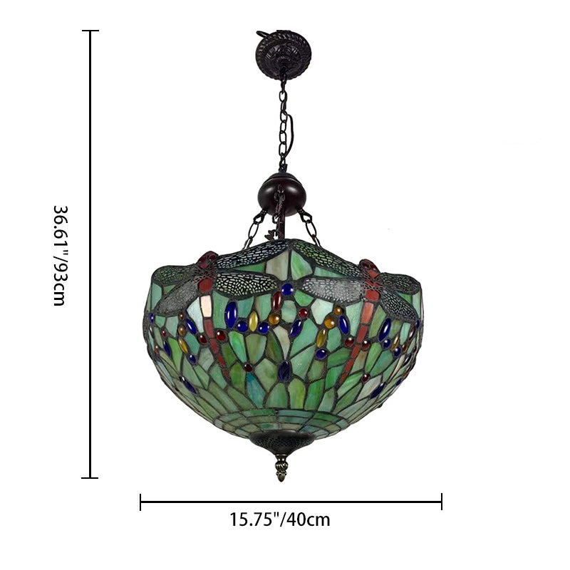 Traditioneller Tiffany-Legierung & Buntglas-Libellenkuppel 3-Licht-Kronleuchter für Wohnzimmer 