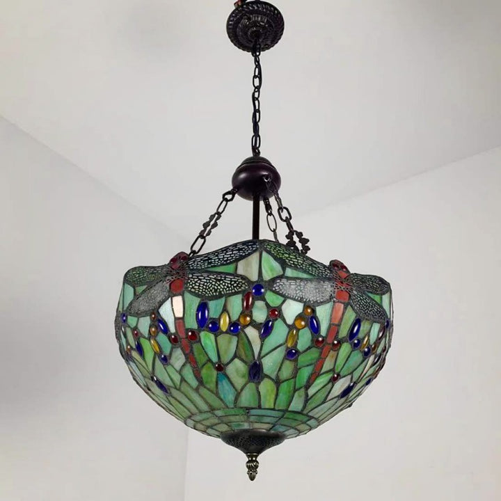 Traditioneller Tiffany-Legierung &amp; Buntglas-Libellenkuppel 3-Licht-Kronleuchter für Wohnzimmer 