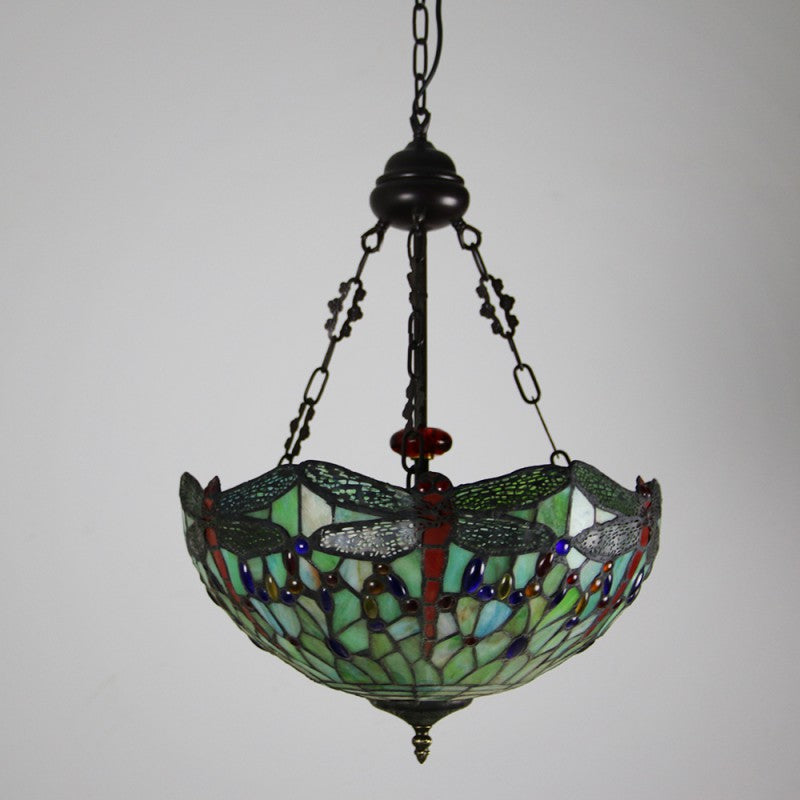 Traditioneller Tiffany-Legierung & Buntglas-Libellenkuppel 3-Licht-Kronleuchter für Wohnzimmer 