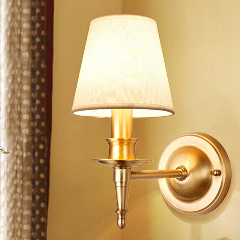 Traditional French Brass &amp; Fabric Round Shade 1-Light Wall Sconce Lamp For Living Room