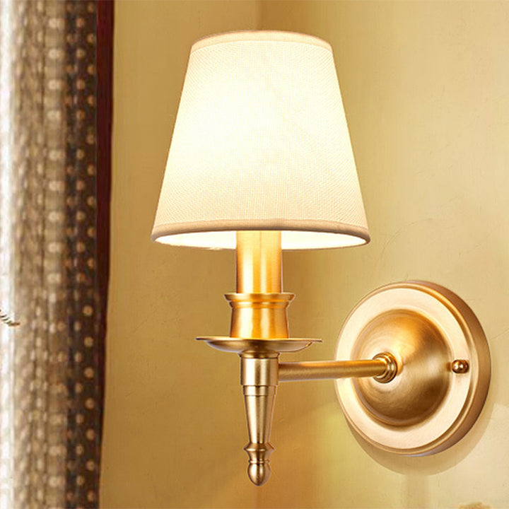 Traditional French Brass &amp; Fabric Round Shade 1-Light Wall Sconce Lamp For Living Room