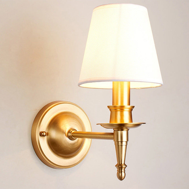 Traditional French Brass &amp; Fabric Round Shade 1-Light Wall Sconce Lamp For Living Room