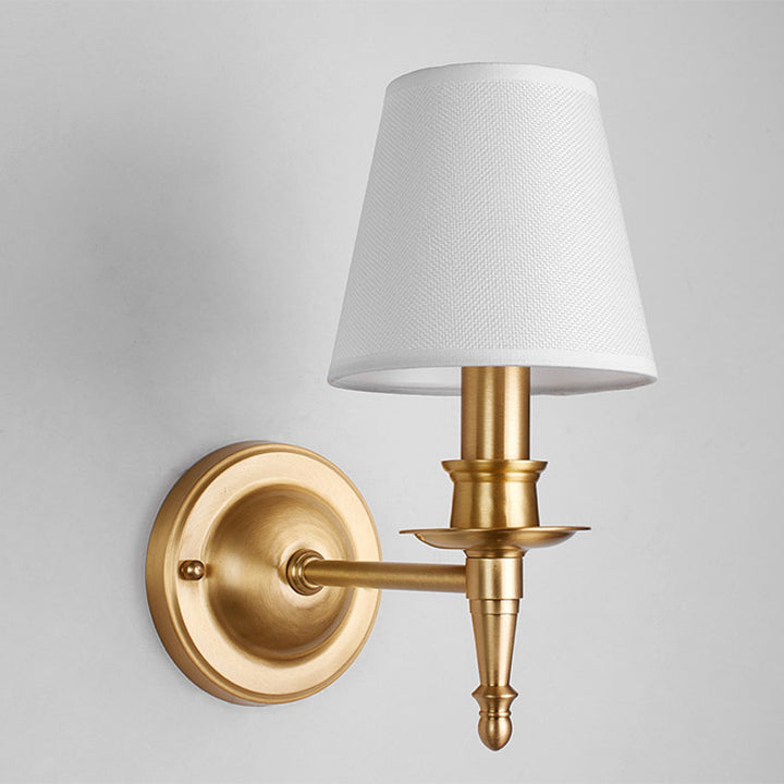 Traditional French Brass &amp; Fabric Round Shade 1-Light Wall Sconce Lamp For Living Room