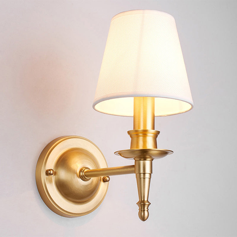 Traditional French Brass &amp; Fabric Round Shade 1-Light Wall Sconce Lamp For Living Room