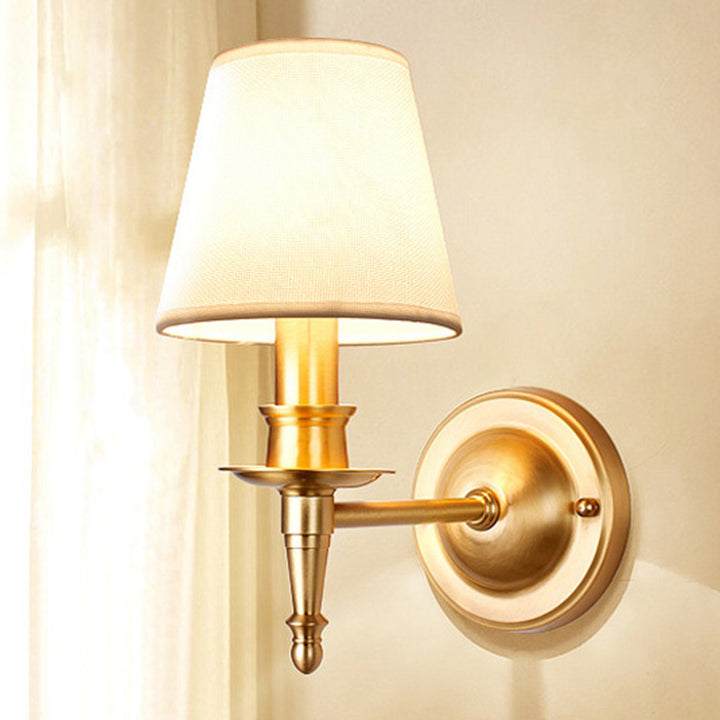 Traditional French Brass &amp; Fabric Round Shade 1-Light Wall Sconce Lamp For Living Room