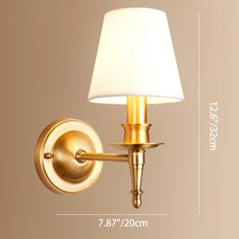 Traditional French Brass &amp; Fabric Round Shade 1-Light Wall Sconce Lamp For Living Room
