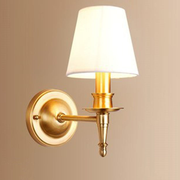 Traditional French Brass &amp; Fabric Round Shade 1-Light Wall Sconce Lamp For Living Room