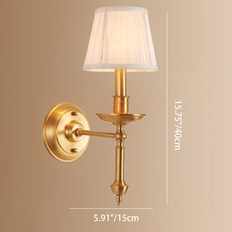 Traditional French Brass &amp; Fabric Round Shade 1-Light Wall Sconce Lamp For Living Room