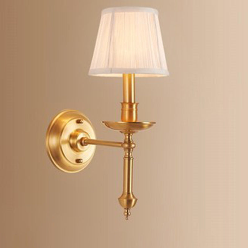 Traditional French Brass &amp; Fabric Round Shade 1-Light Wall Sconce Lamp For Living Room