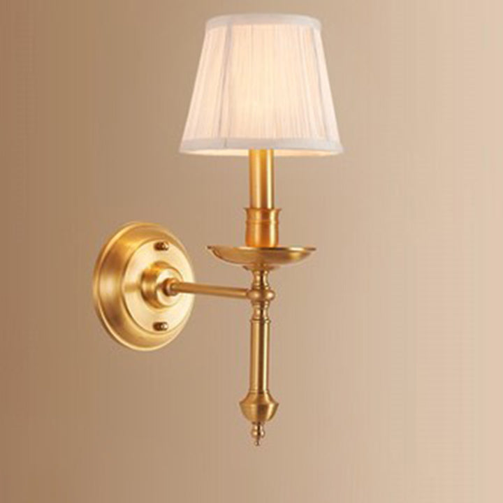 Traditional French Brass &amp; Fabric Round Shade 1-Light Wall Sconce Lamp For Living Room