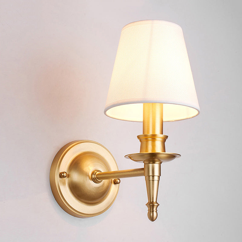 Traditional French Brass &amp; Fabric Round Shade 1-Light Wall Sconce Lamp For Living Room